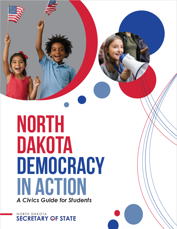 Cover of activity book with kids waving flags and the North Dakota Secretary of State logo. Text is North Dakota democracy in action, a civics guide for students. 