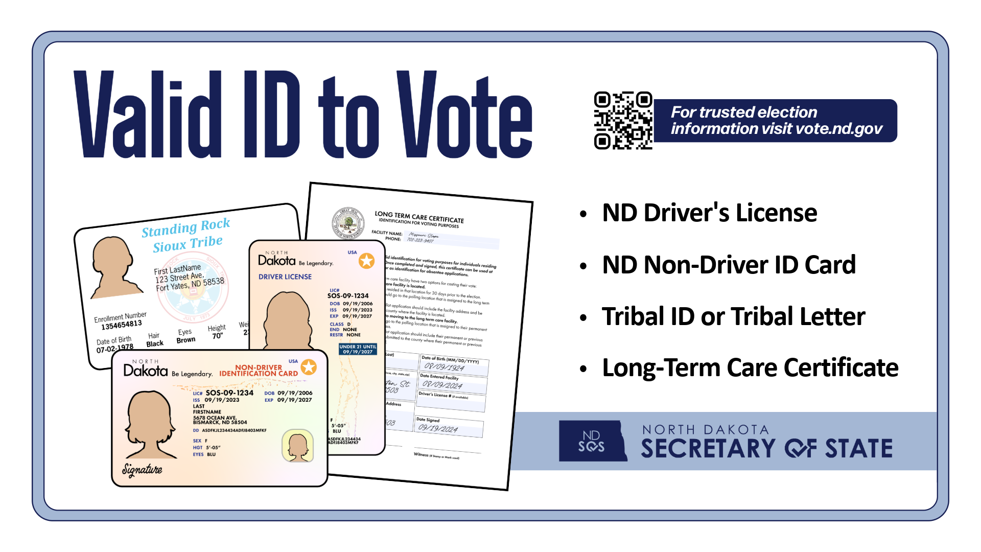 Valid ID to vote in North Dakota includes a North Dakota driver's license, North Dakota non-driver ID, Tribal ID or Tribal letter, long term care certificate. North Dakota Secretary of State logo and for more information go to vote.nd.gov.