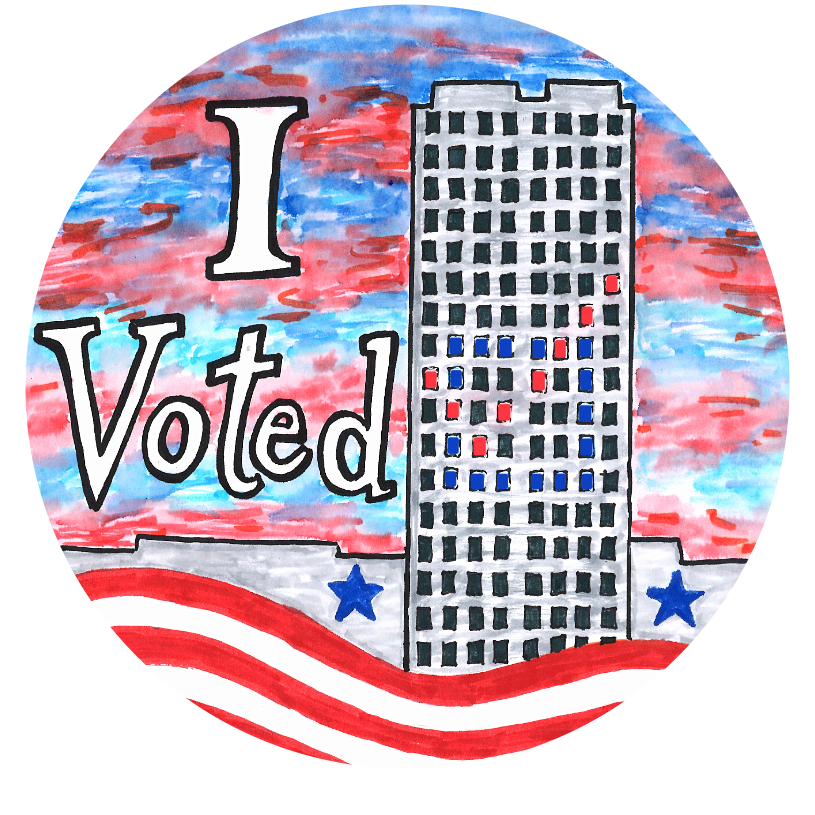 North Dakota State Capitol tower with the windows forming a checkmark. Red, white, and blue colors with "I Voted" beside the Capitol building.