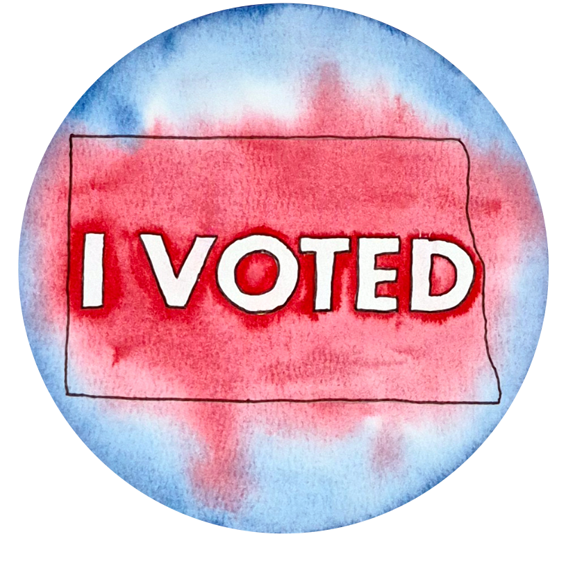 Red and blue watercolors background with outline of state of North Dakota. I Voted text is in the outline.