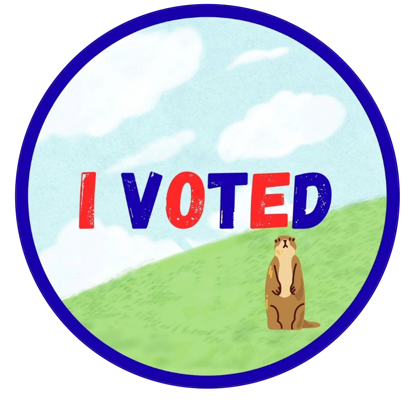 Blue sky with clouds. Green grass with a prairie dog standing on its hind legs. I Voted text in red and blue.
