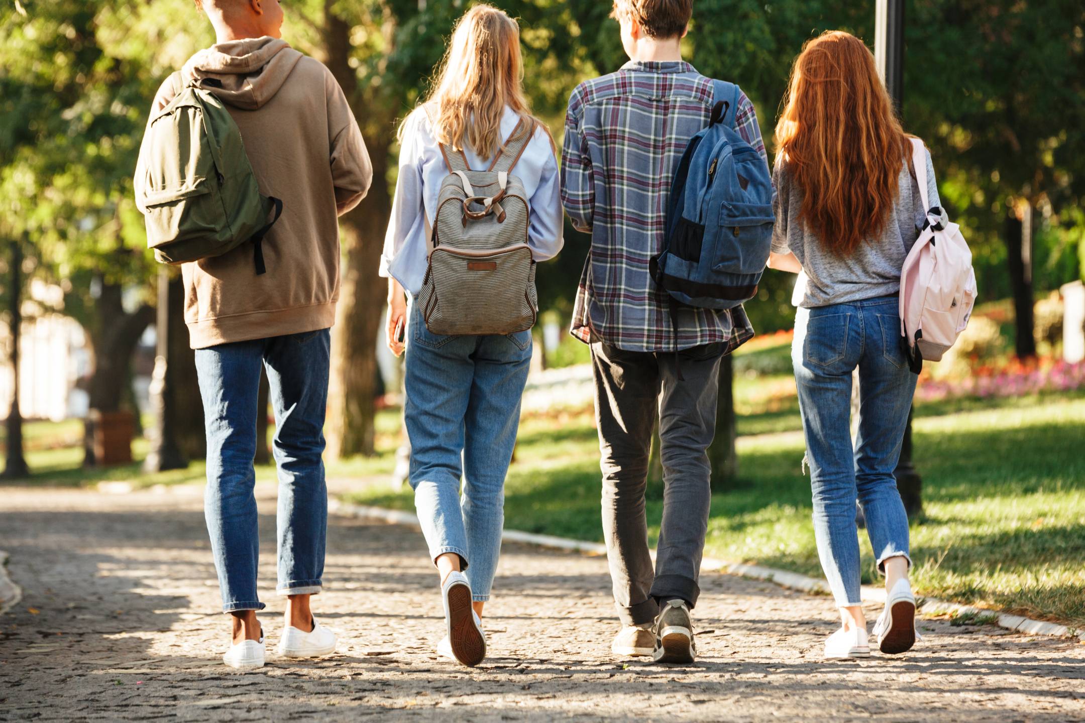 college students walking away from the camera.