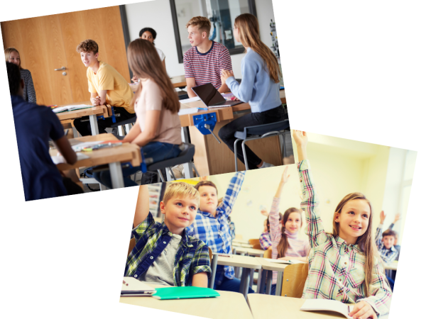 Two photos. One has high school students in a classroom. One has upper elementary kids in a classroom.