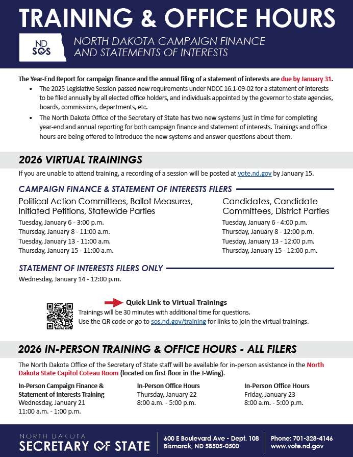 Handout with dates and times for 2026 campaign finance and statement of interests training sessions.
