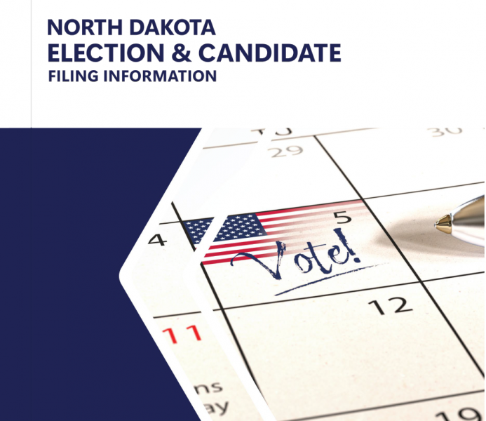 North Dakota Election & Candidate Filing Information guide cover with calendar and pen writing Vote